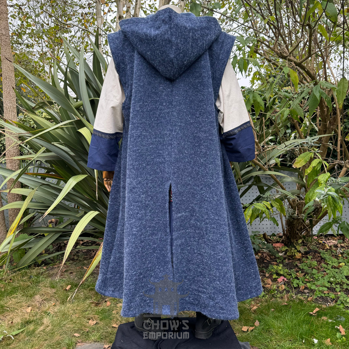 Azure hooded LARP robe with back split, over tunic.