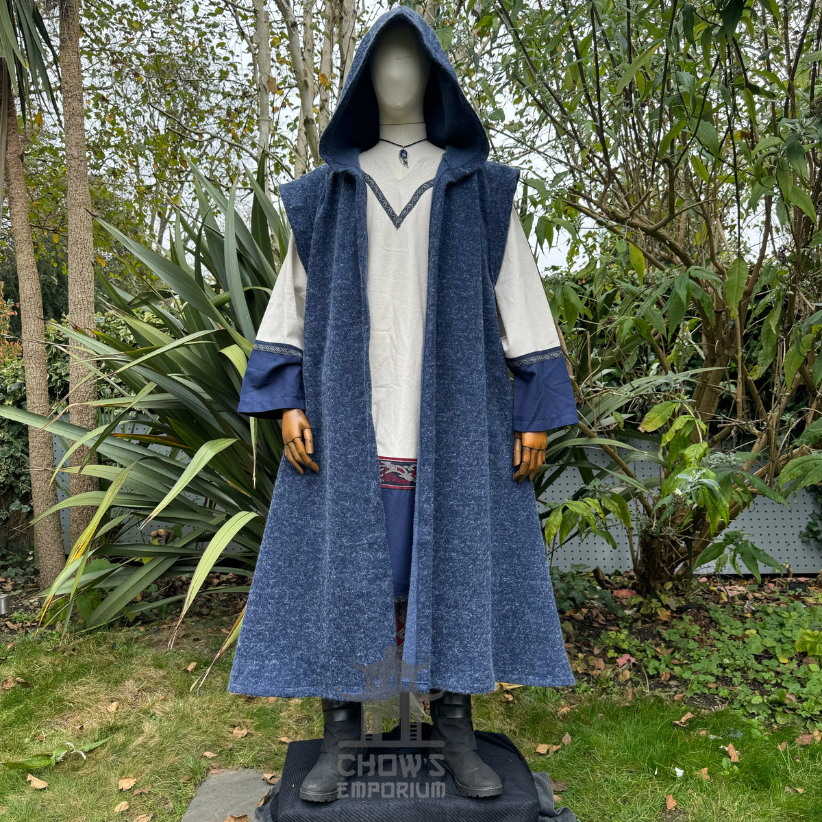 Mannequin with blue medieval LARP robe and hood.