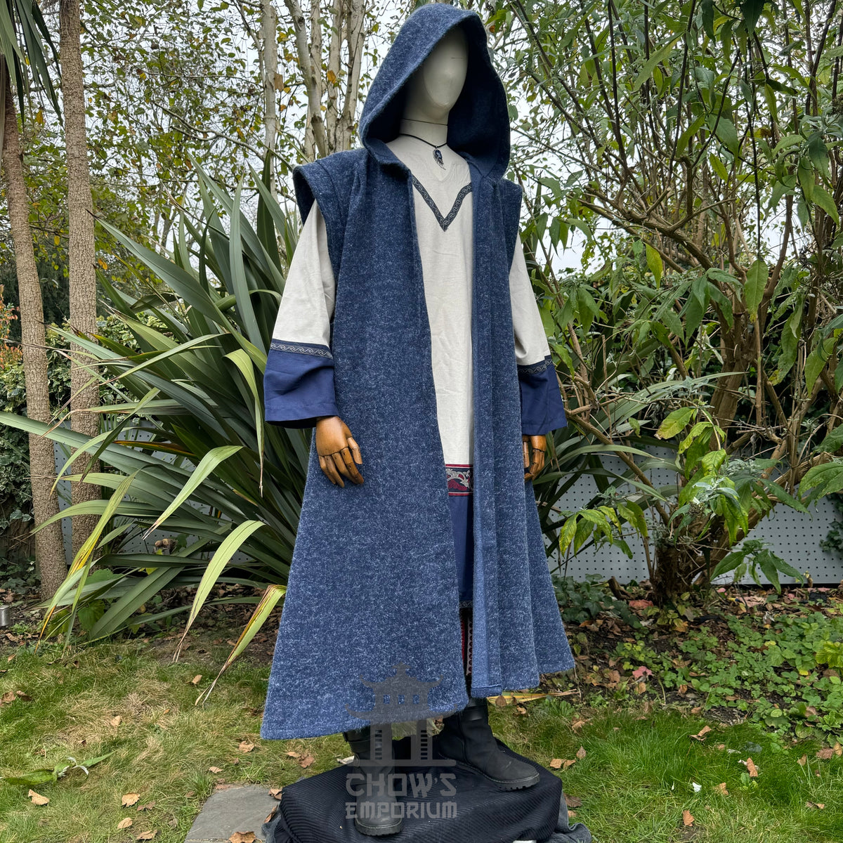 Blue hooded sleeveless robe for LARP, front view, textured fabric.