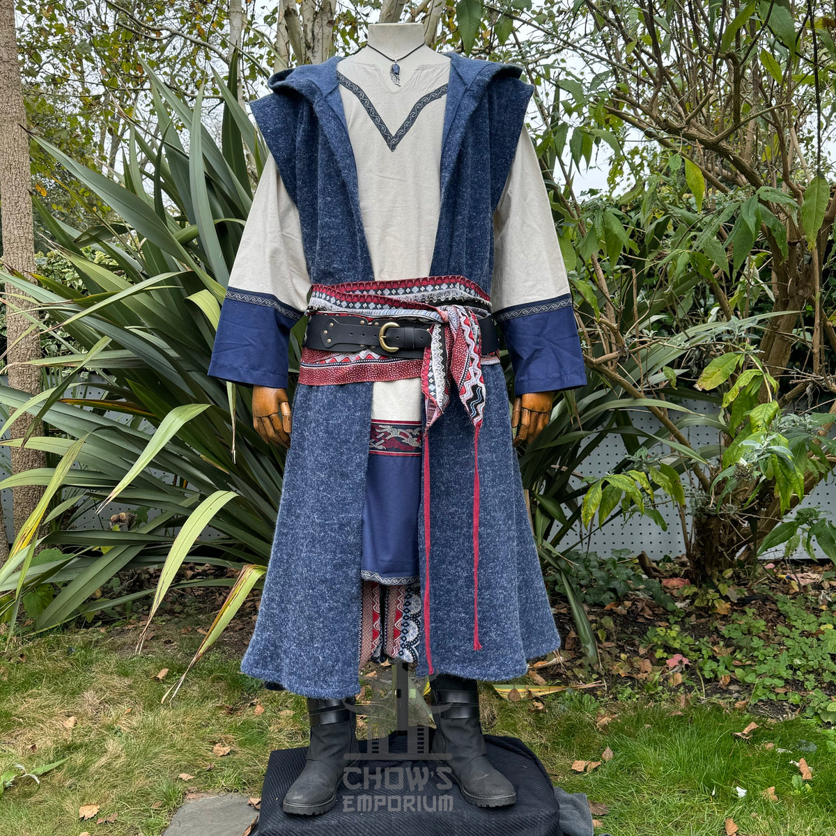 Blue LARP robe set with tunic, trousers, belt, sash, and necklace.