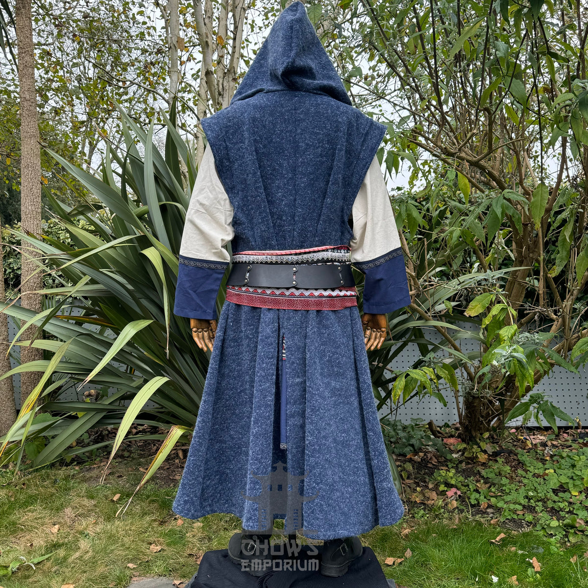 Azure LARP robe with belt, tunic and hood, back view in medieval style.