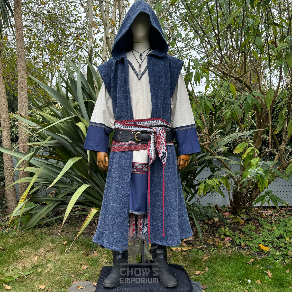 Azure LARP set with hooded robe, tunic, belts, and necklace.