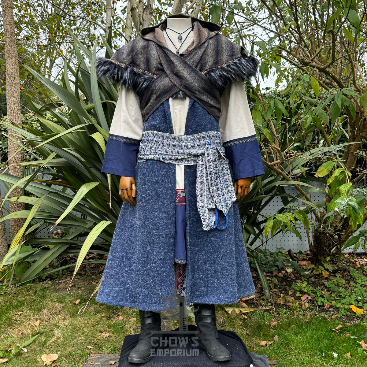 Robe, hood, tunic, sash in blue-grey tones for medieval LARP, front view.