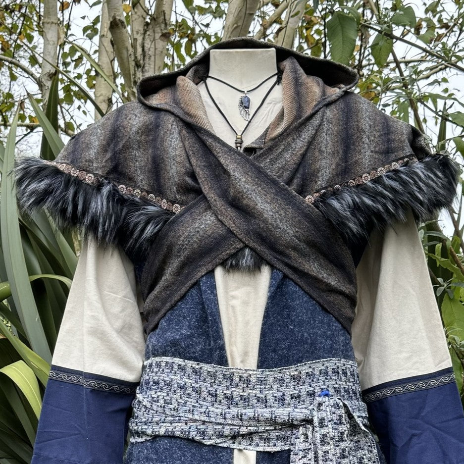 LARP medieval outfit with brown fur-trimmed hood, blue tunic, and woven sash.
