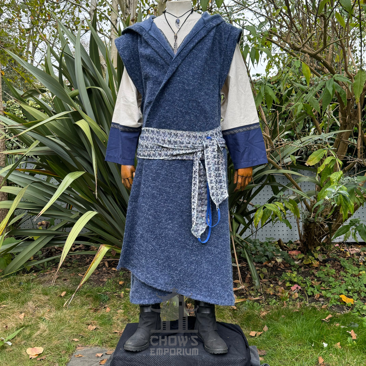 Blue hooded sleeveless robe with belt, front view, medieval LARP style.