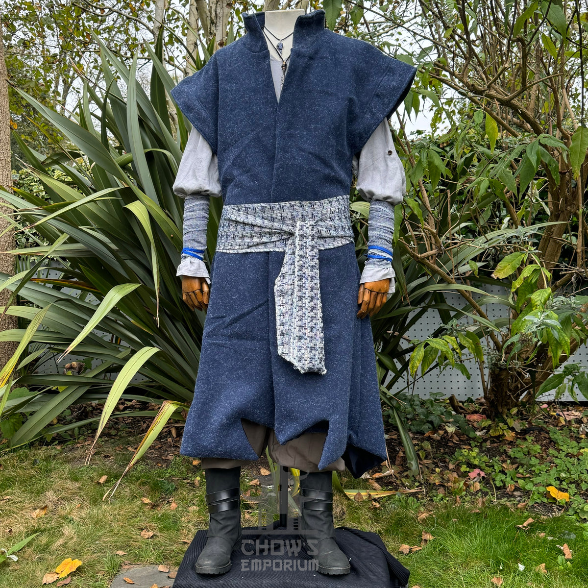 Front view of blue wool elven LARP waistcoat with high collar, medieval fantasy cosplay vest for.