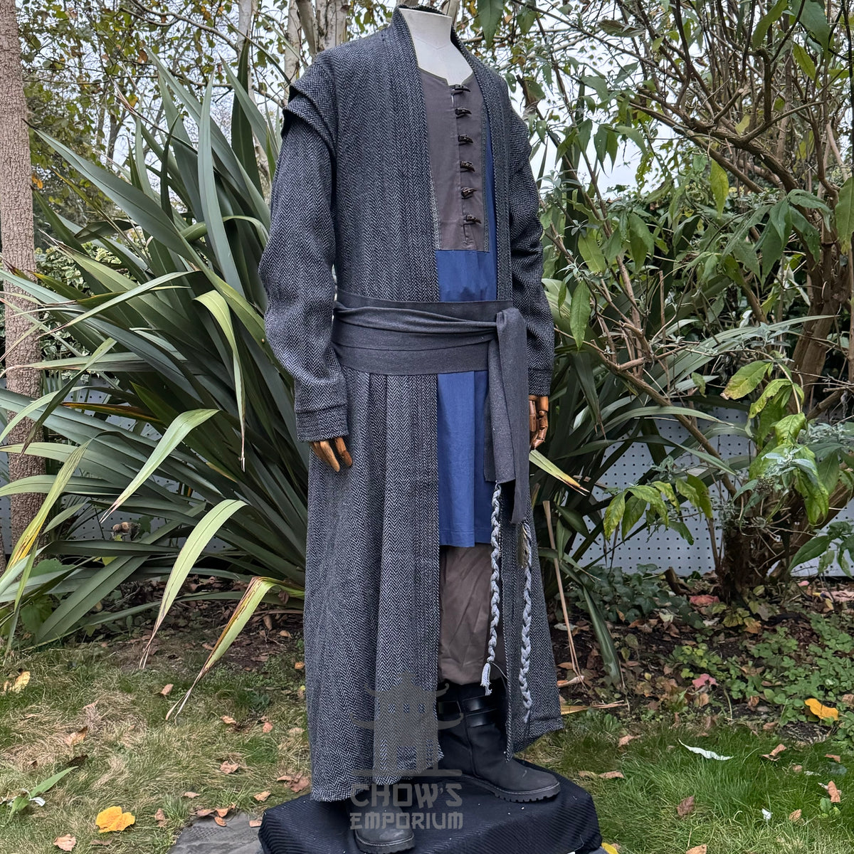 LARP mystical sorcerer outfit with grey robe, blue tunic, grey pants, belt.
