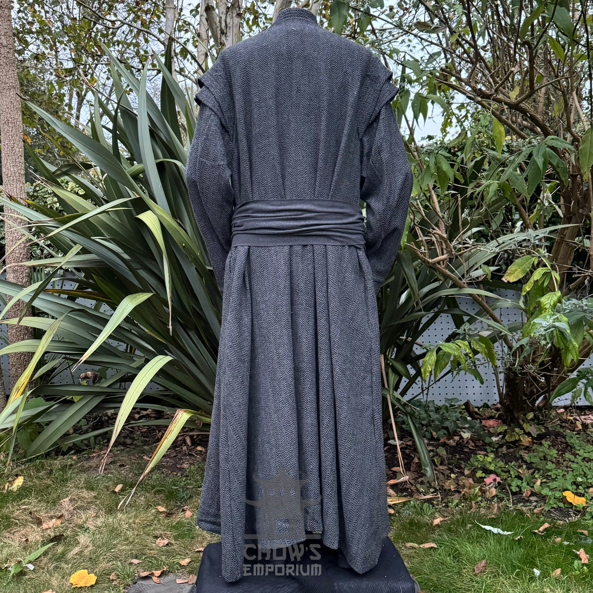 LARP Mystic Sorcerer Outfit in grey, rear view, with sash and robe detail.