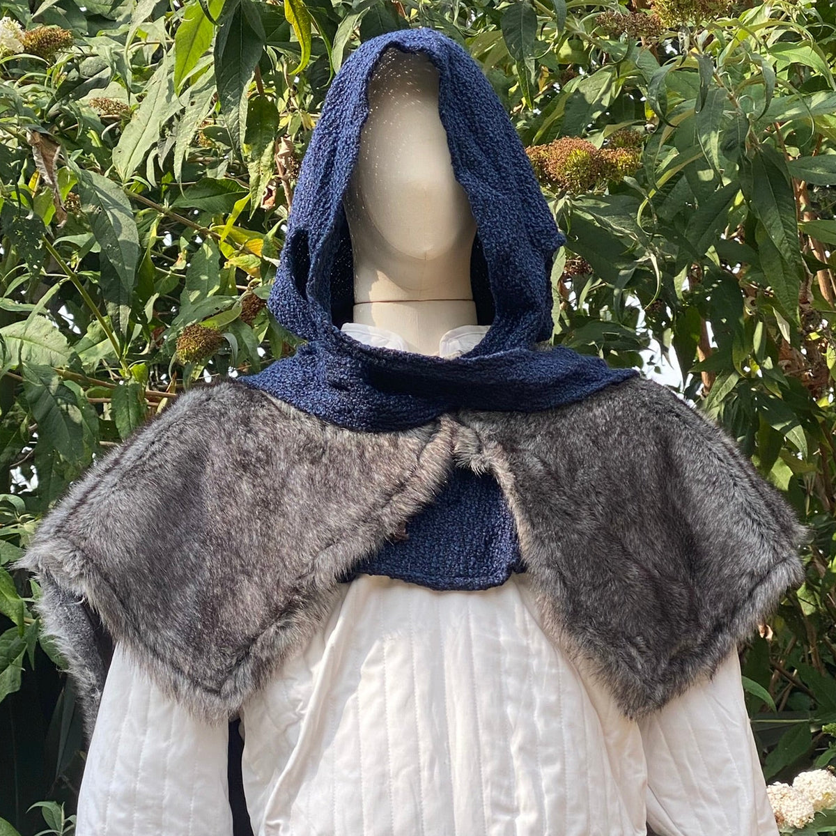 Blue and grey medieval LARP outfit set with hood and fur mantle.