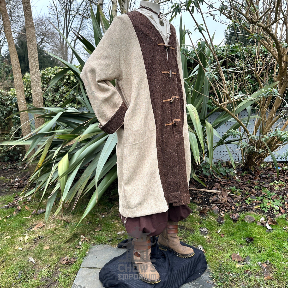 Beige and brown two-tone LARP pirate coat layered over tunic, medieval fantasy cosplay costume.