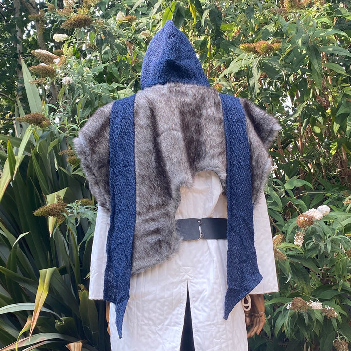 Viking Warrior LARP Outfit - 2 Pieces; Grey Faux Fur Mantle & Blue Wrap Around Hood - Chows Emporium Ltd