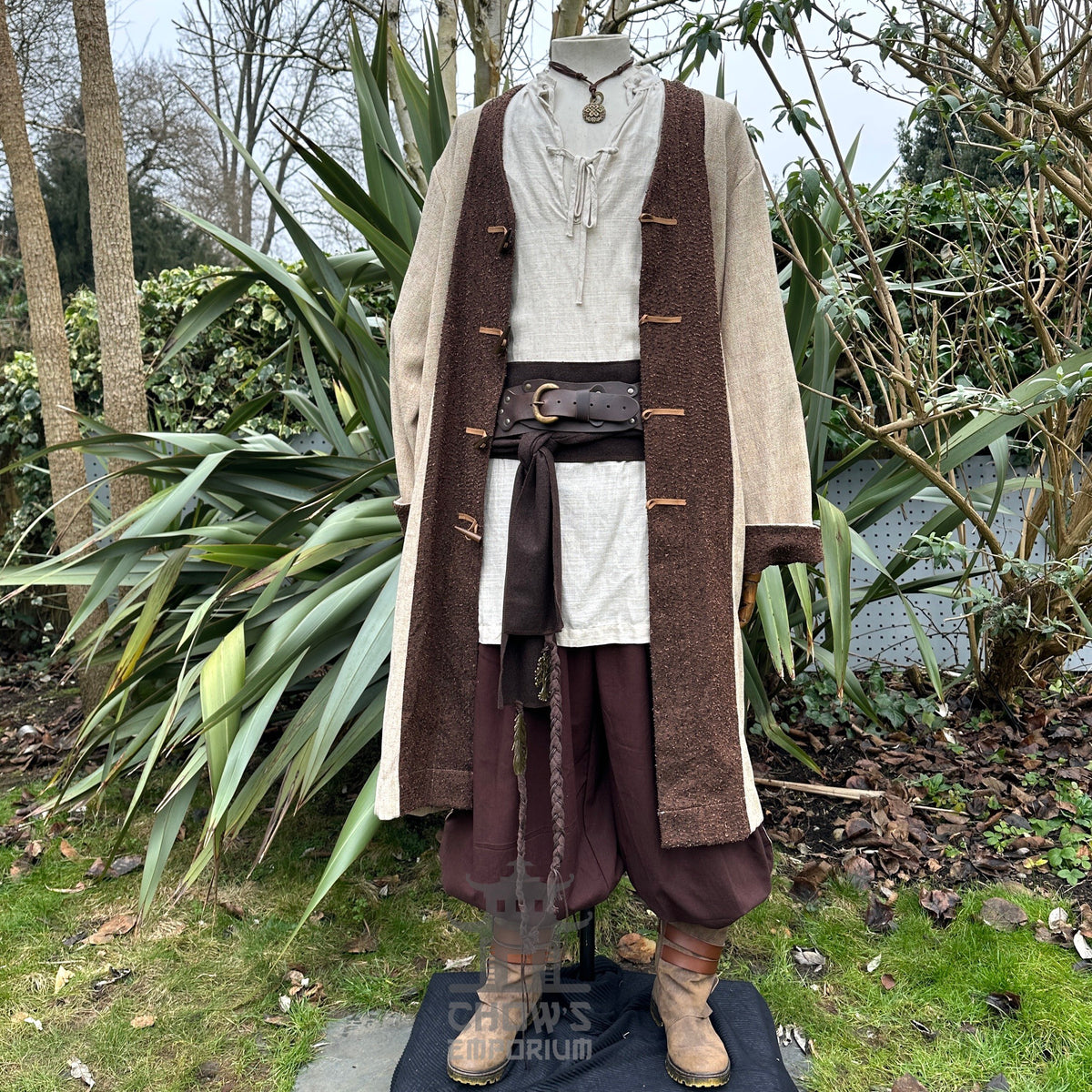 LARP medieval woodland set, brown jacket, trousers, cream hood, front view.