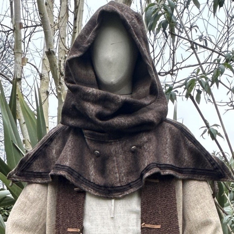 Brown hooded robe and sash, medieval LARP style, front view, wool-like fabric.