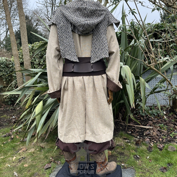 Medieval LARP outfit back view, featuring a two tone jacket, hood and trousers. For Renaissance Faire and historical roleplay events.