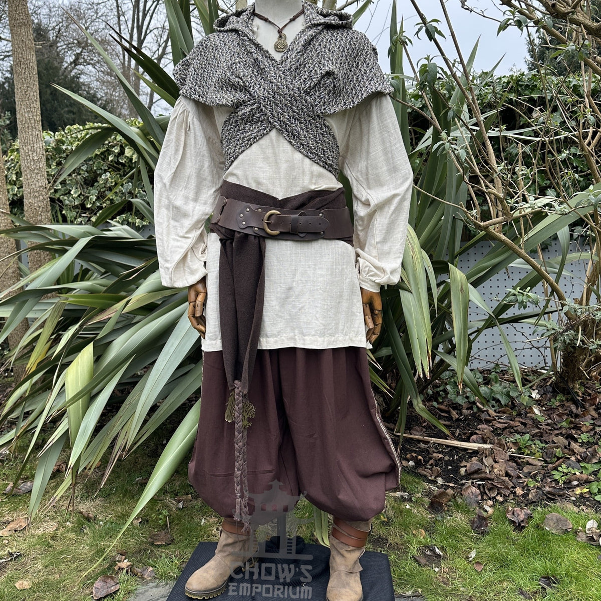 Brown, beige, and black wool scarf hood for LARP medieval attire.
