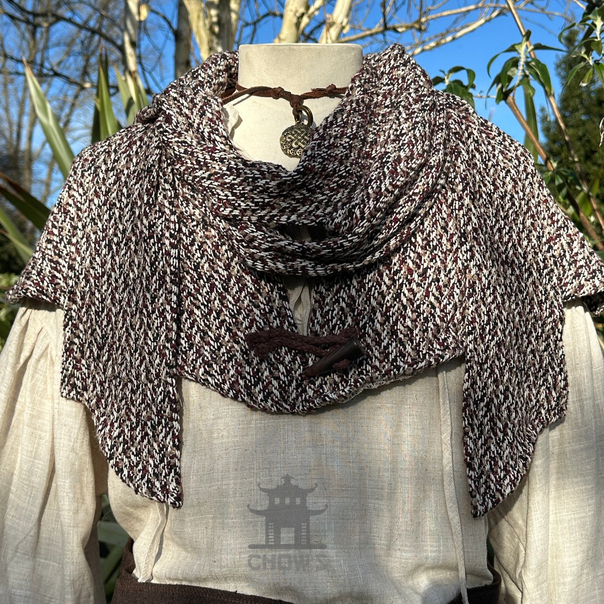 Maroon, beige, and black wool scarf hood for LARP, front view.