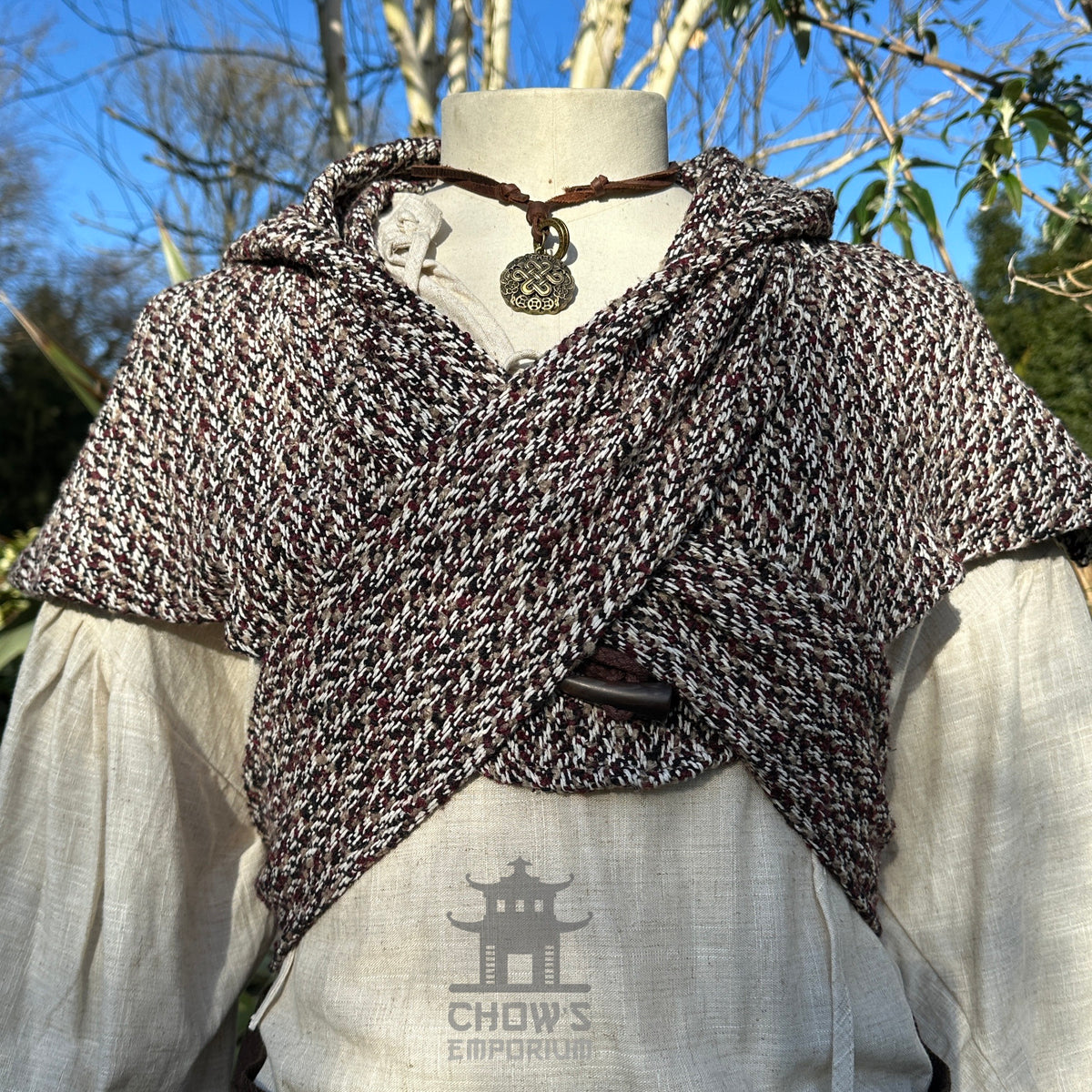 Maroon, beige, and black woven wool scarf hood for medieval LARP attire.