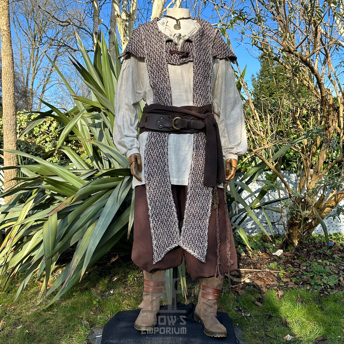 Medieval-style maroon, beige, and black wool scarf hood for LARP outfit.