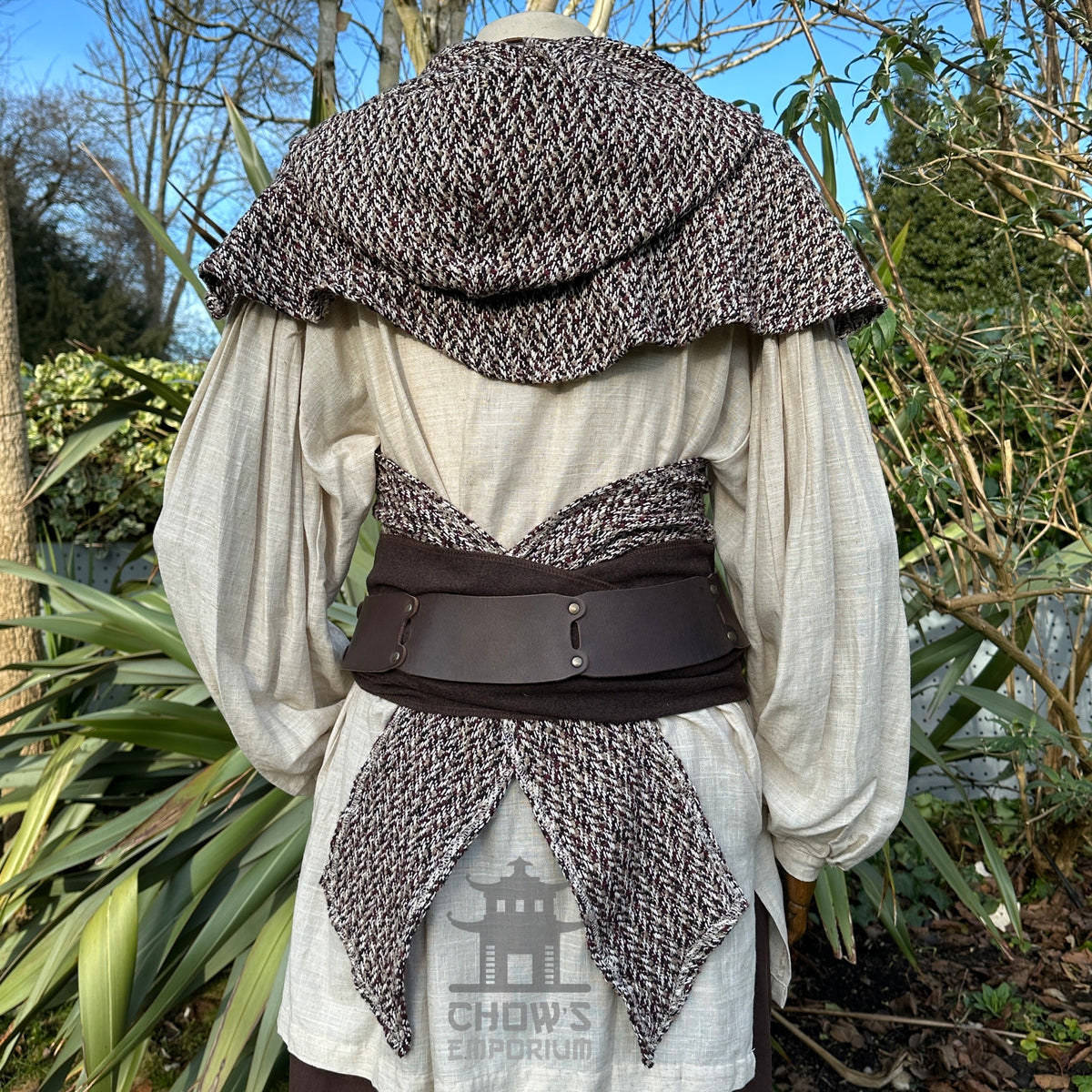 Maroon, beige, black wool scarf hood in medieval style, rear view.