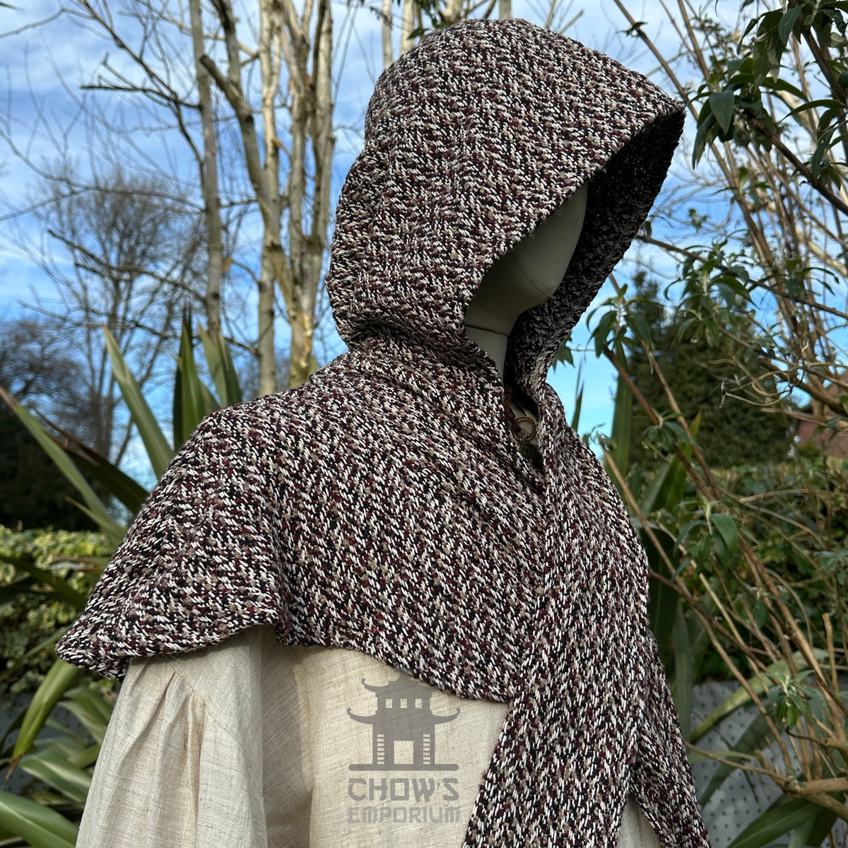 Maroon, beige, black wool scarf hood for LARP, side view.