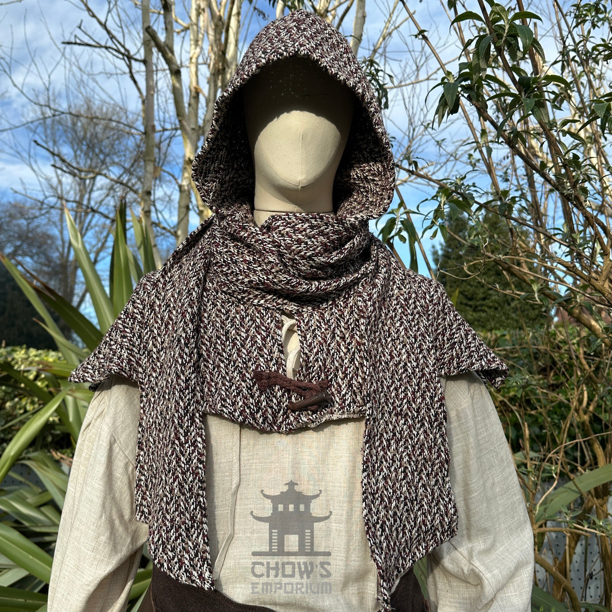 Maroon, beige, black wool scarf hood for medieval LARP costume.