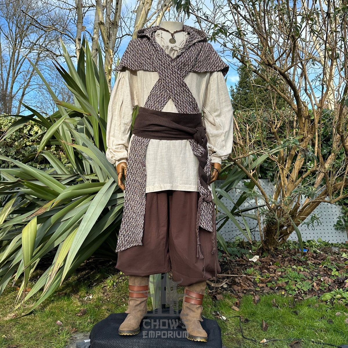 Maroon, beige, and black wool scarf hood for medieval LARP attire.