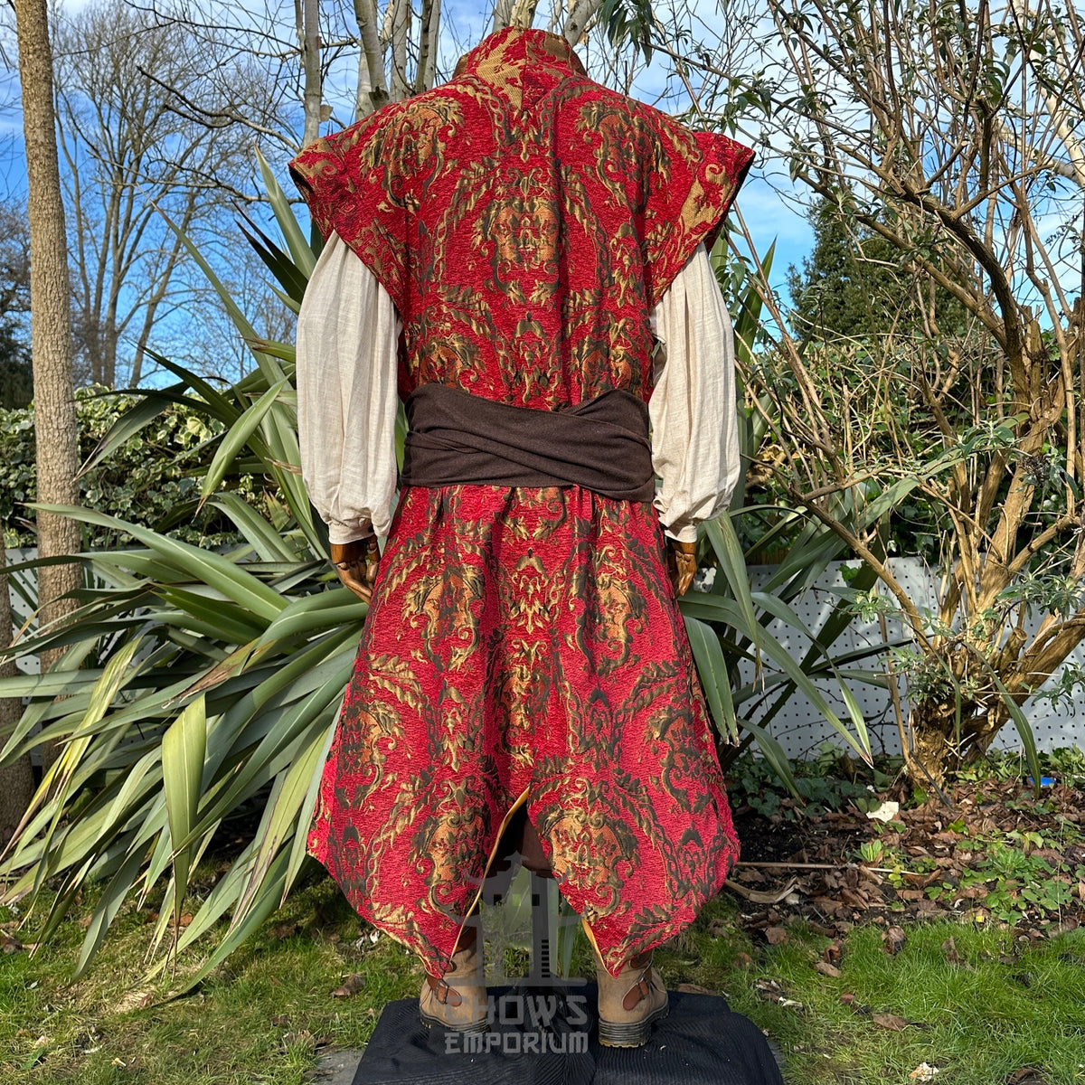 Back view of embroidered crimson waistcoat for medieval LARP.