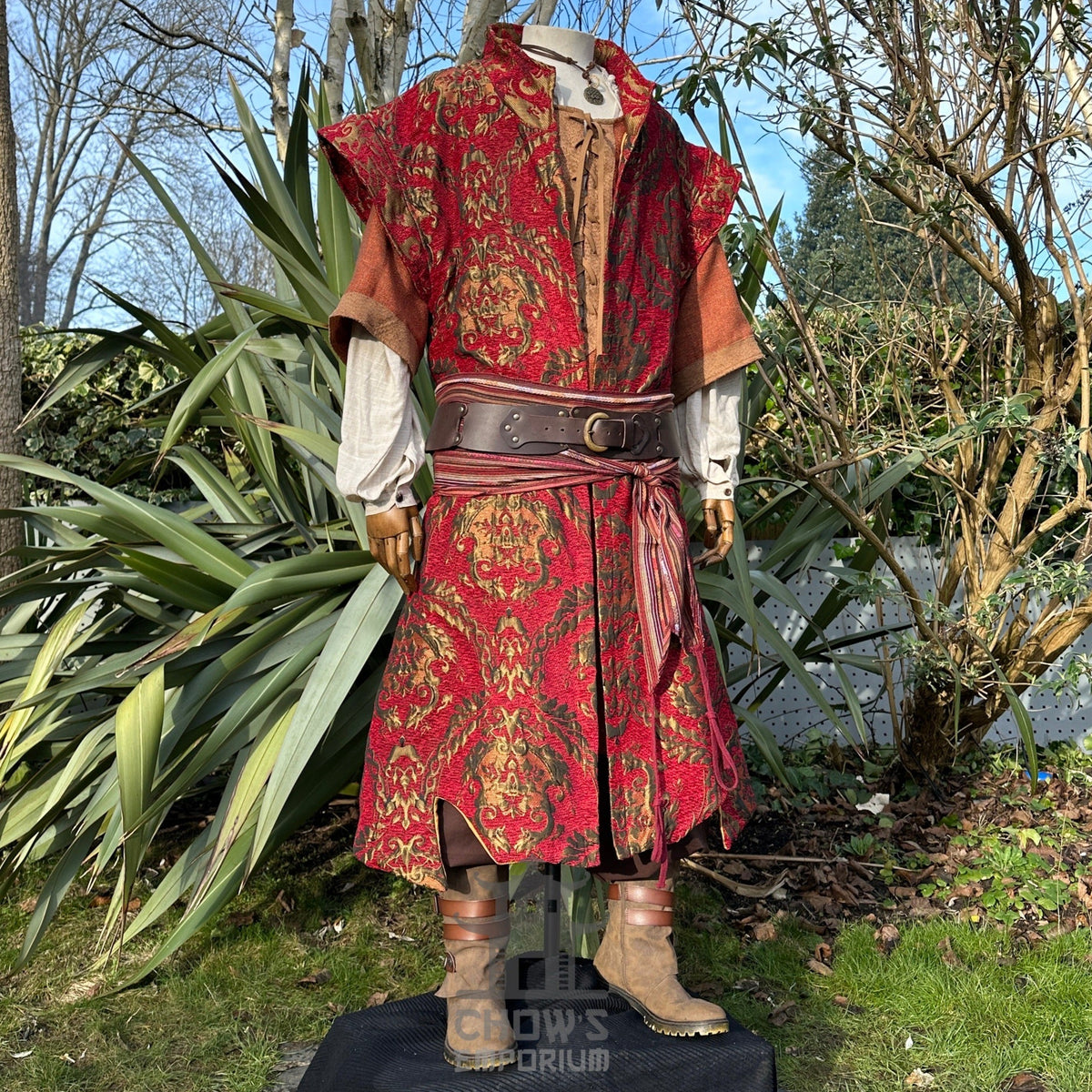LARP crimson tunic with ornate pattern, side angle.