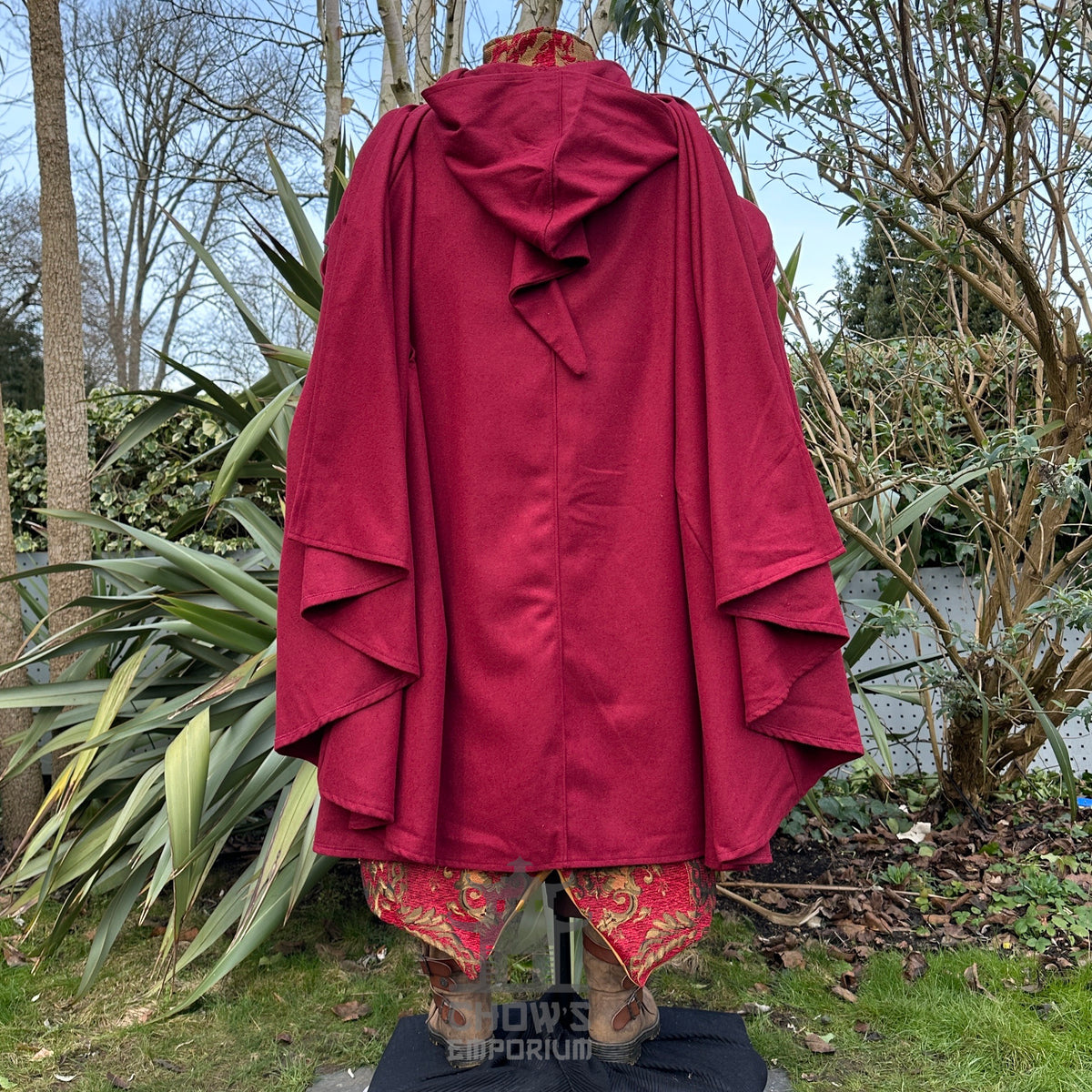 Crimson LARP medieval cloak, rear view, layered sleeves.