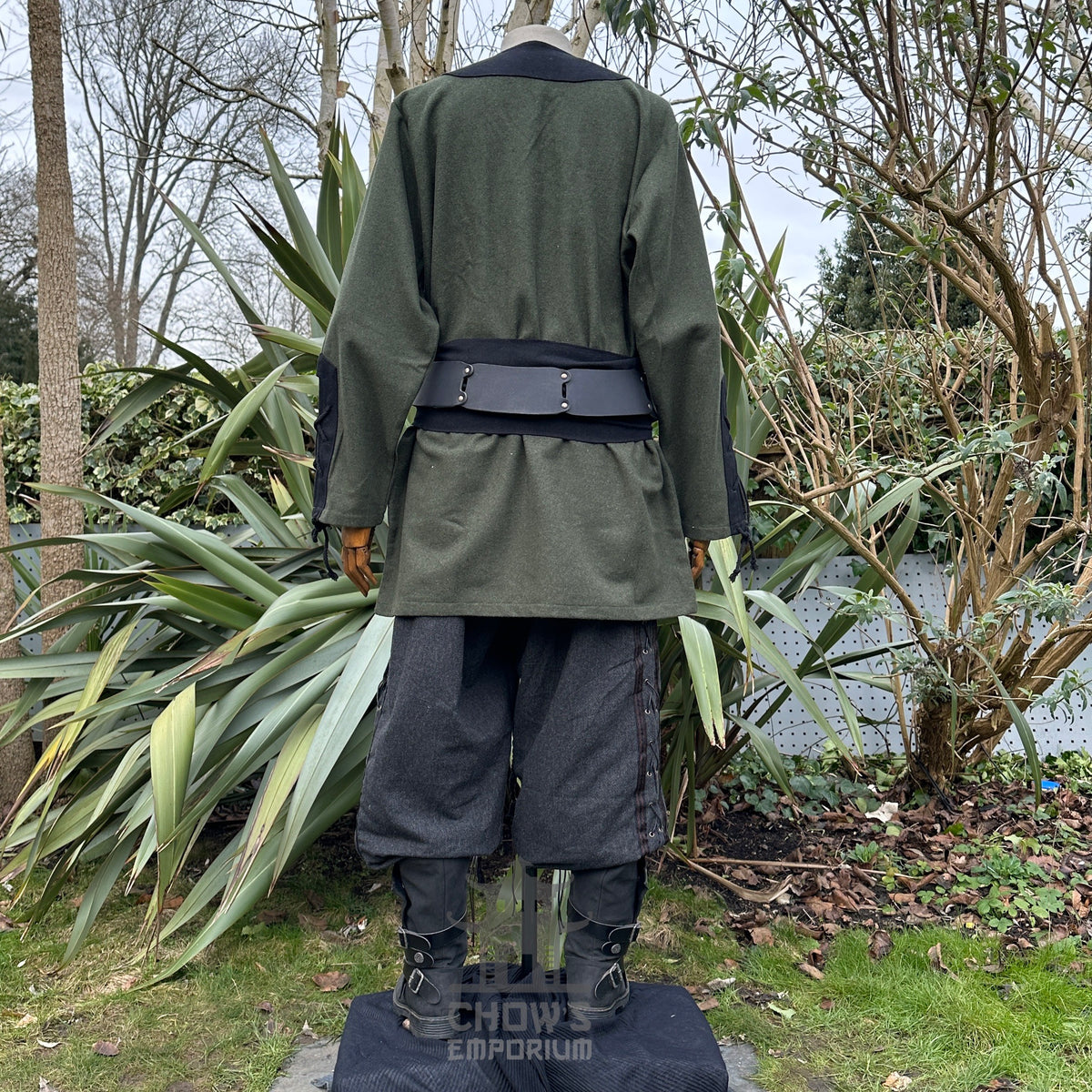 Two-tone green and black wool Viking shirt, rear view.
