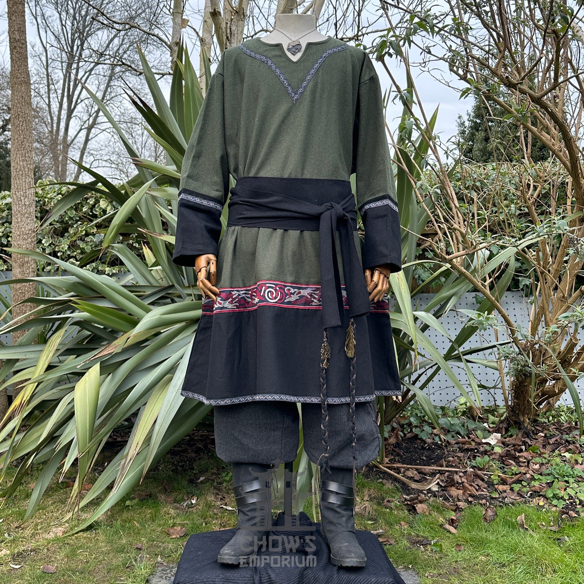 green and black wool tunic styled for LARP.