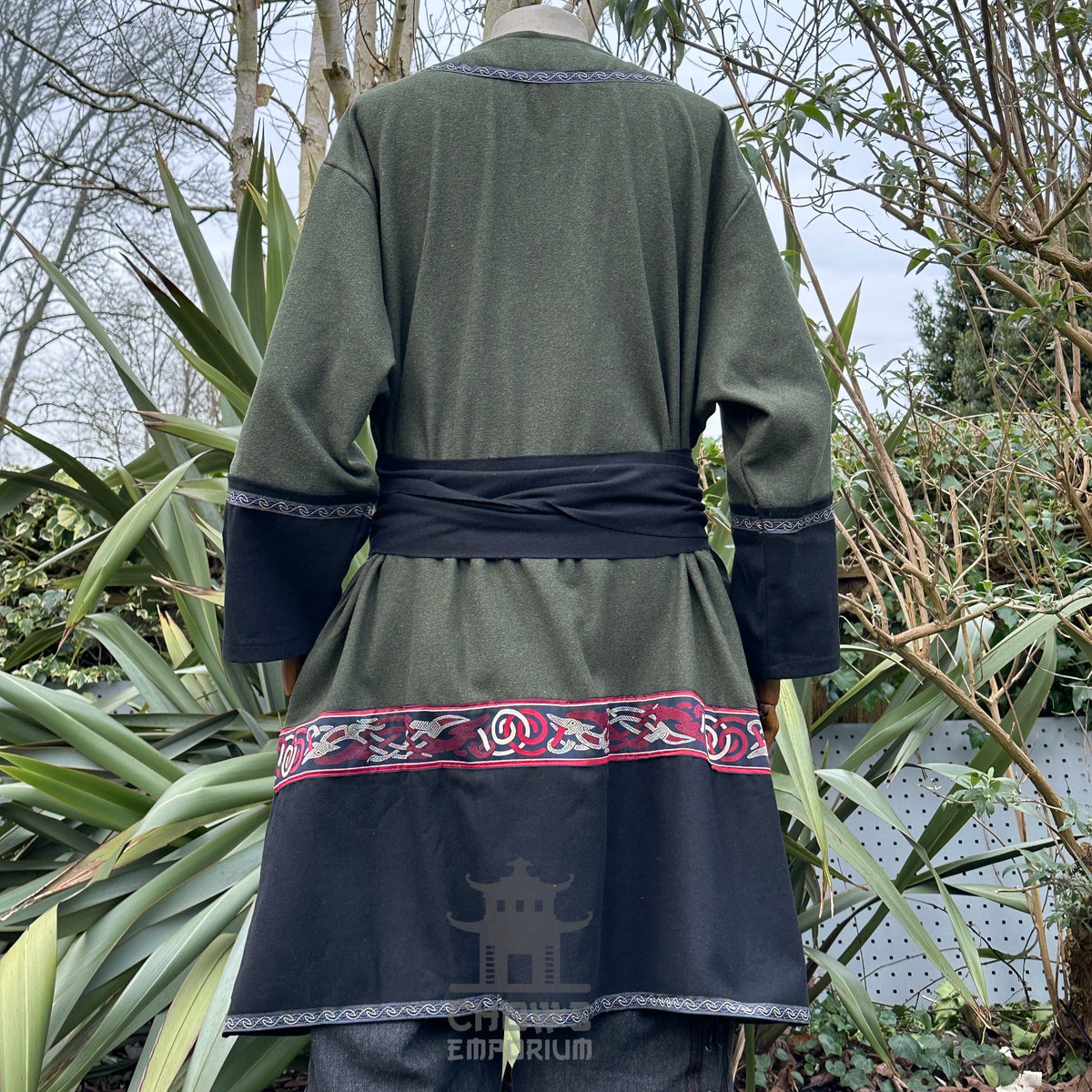 wool Viking tunic in green black for medieval costume.