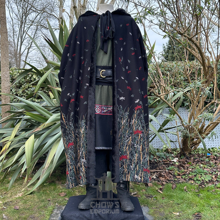 Hooded Fur Lined Cloak in black with a dragonfly and foliage design.