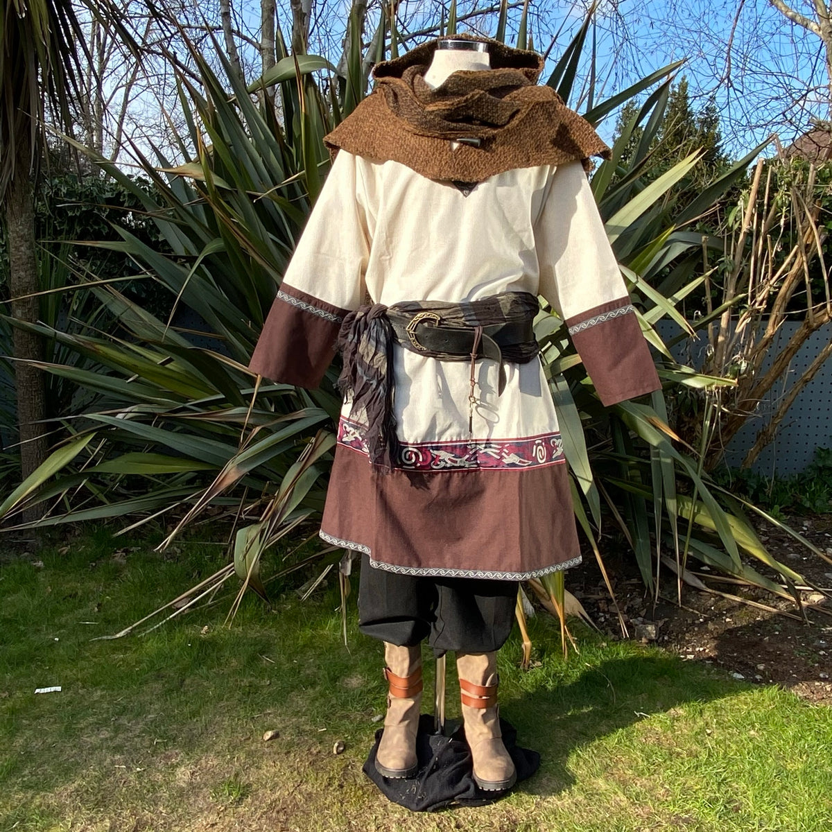 LARP medieval outfit with decorative belt, brown tunic, hood.