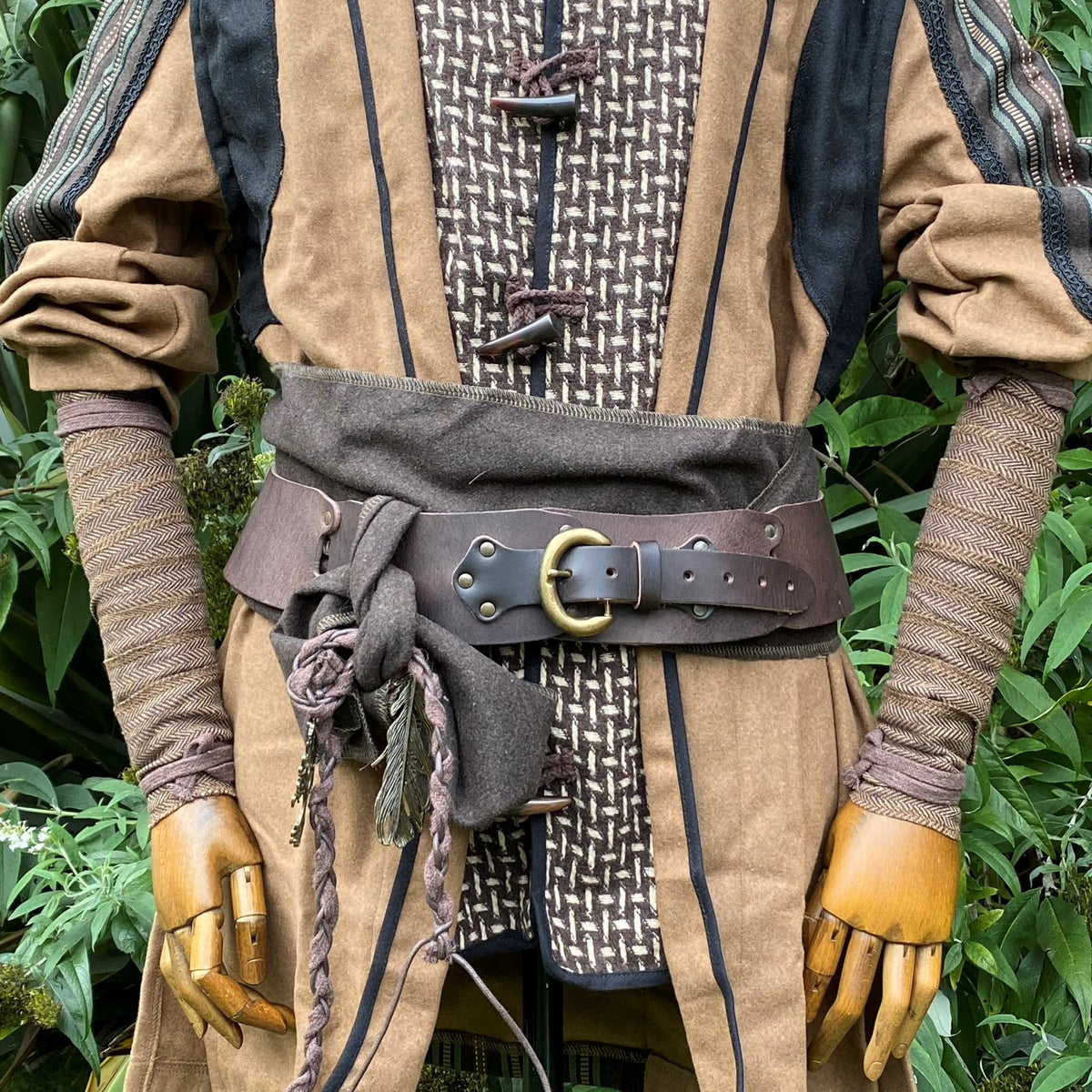 Brown herringbone arm wraps and sash close-up for LARP costume.