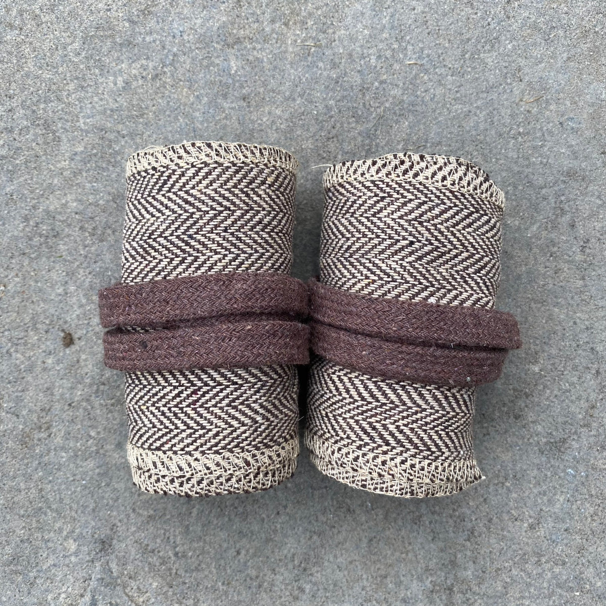 Light brown herringbone wool wraps for LARP medieval costume.