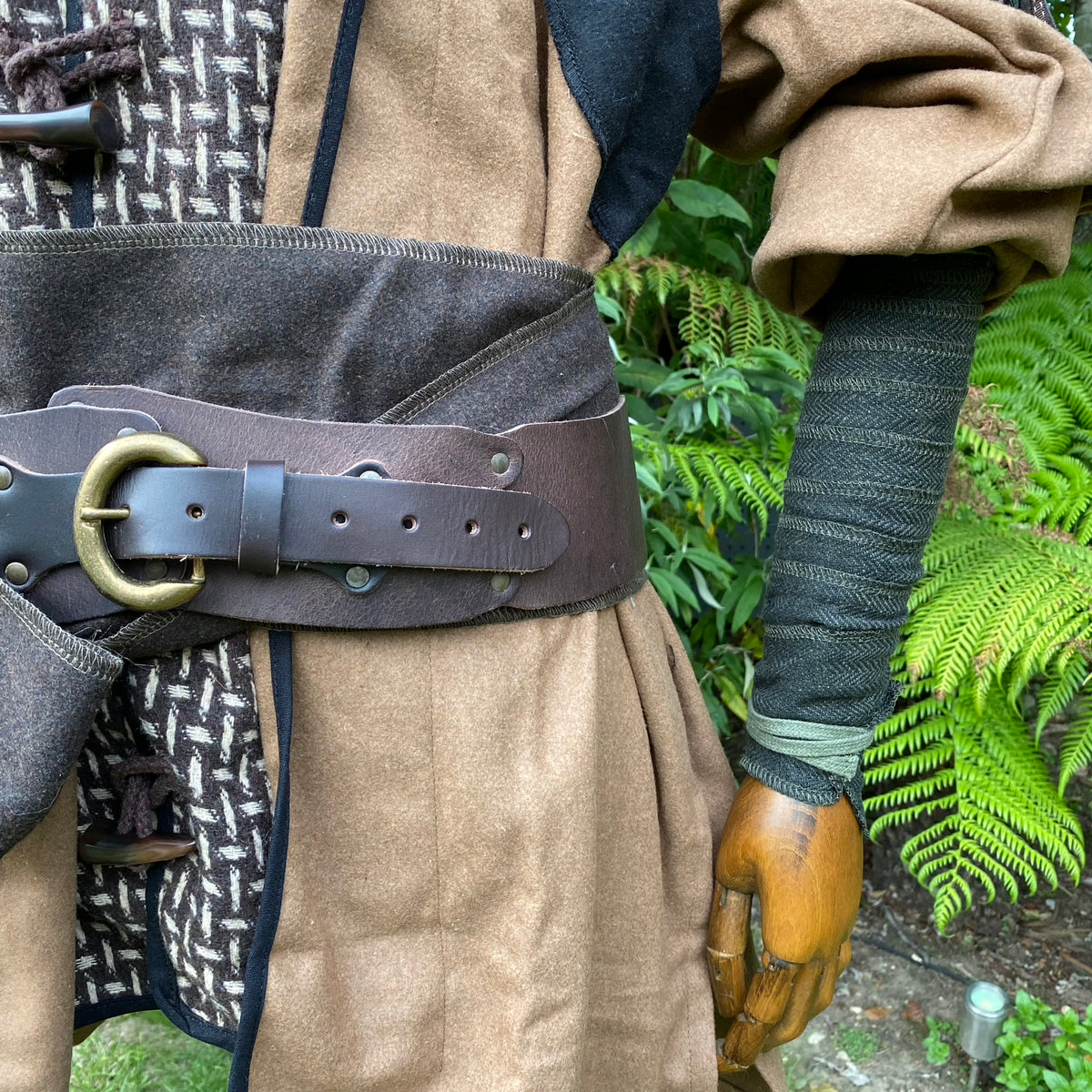 Green herringbone wool arm wrap set for medieval LARP attire.