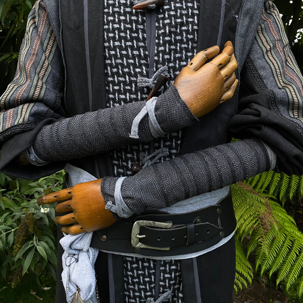 Black herringbone wool leg and arm wrap set for medieval LARP events.
