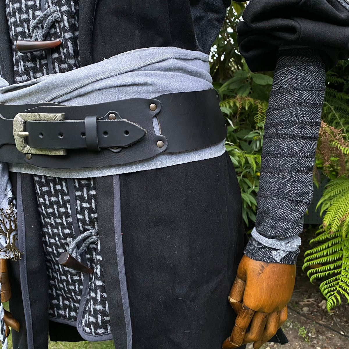 Grey and black herringbone wool wraps for LARP medieval attire.