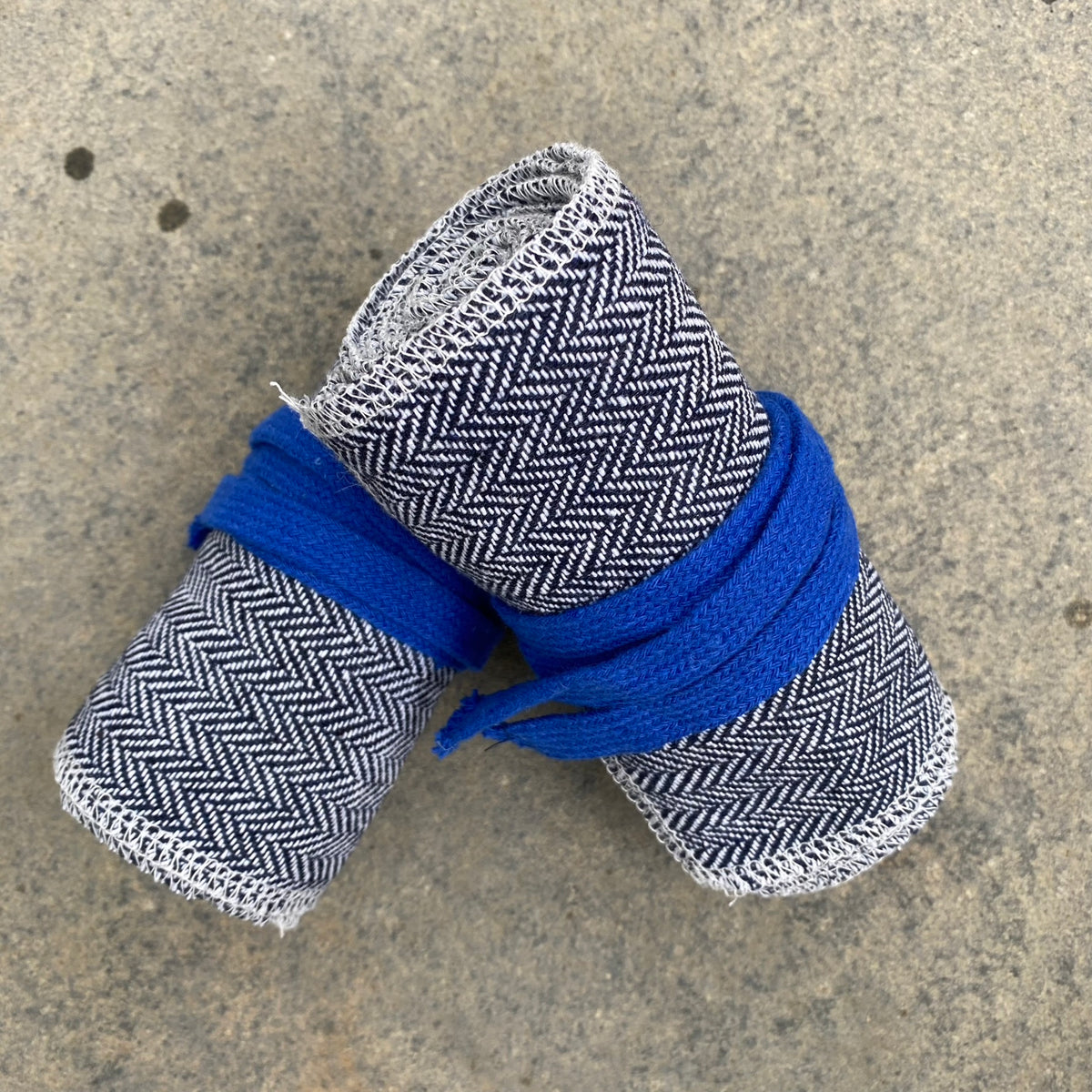 Blue and white herringbone wool wraps, ideal for medieval LARP costumes.