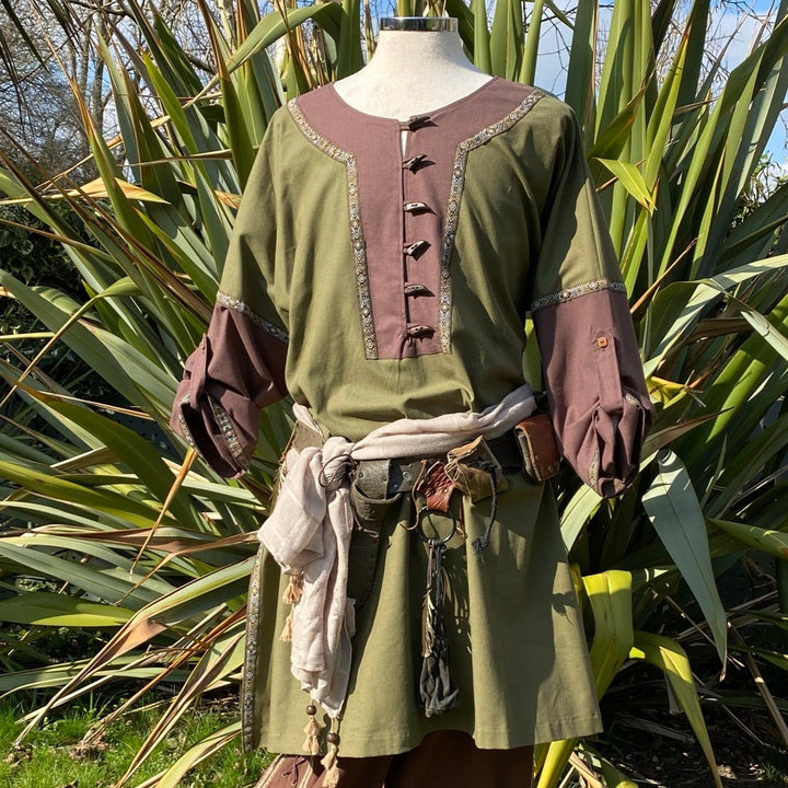 LARP Viking Tunic with Buttons - Two Tone Green & Brown - Linen Cotton Mixture - Chows Emporium Ltd