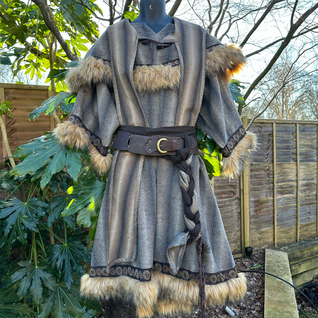LARP Mohair Basic Outfit - 3 Pieces: Brown & Grey Mohair Tunic, Hood and Sash - Chows Emporium Ltd