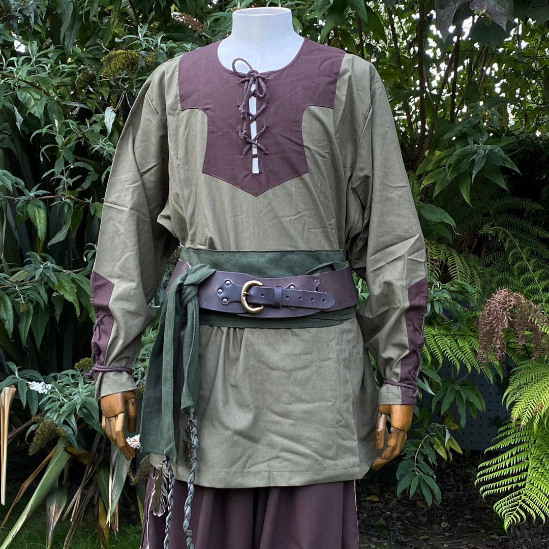 Forest Wild Ranger LARP Outfit - 7 Pieces; Brown 4 Way Cloak, Hood, Vambraces, Tunic, Pants, Belt, Sash - Chows Emporium Ltd