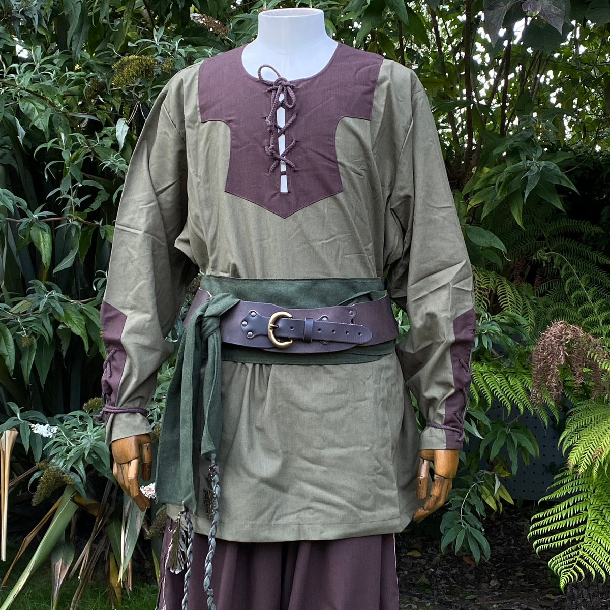 LARP medieval outfit with green jacket, brown accents, front view.