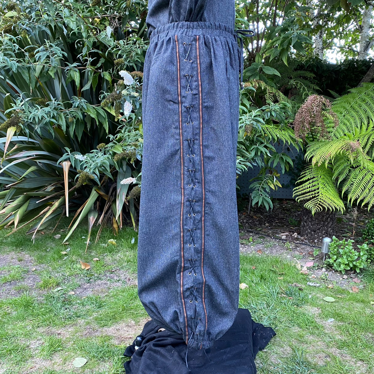 Medieval grey wool pants with detailed side lacing for LARP events.