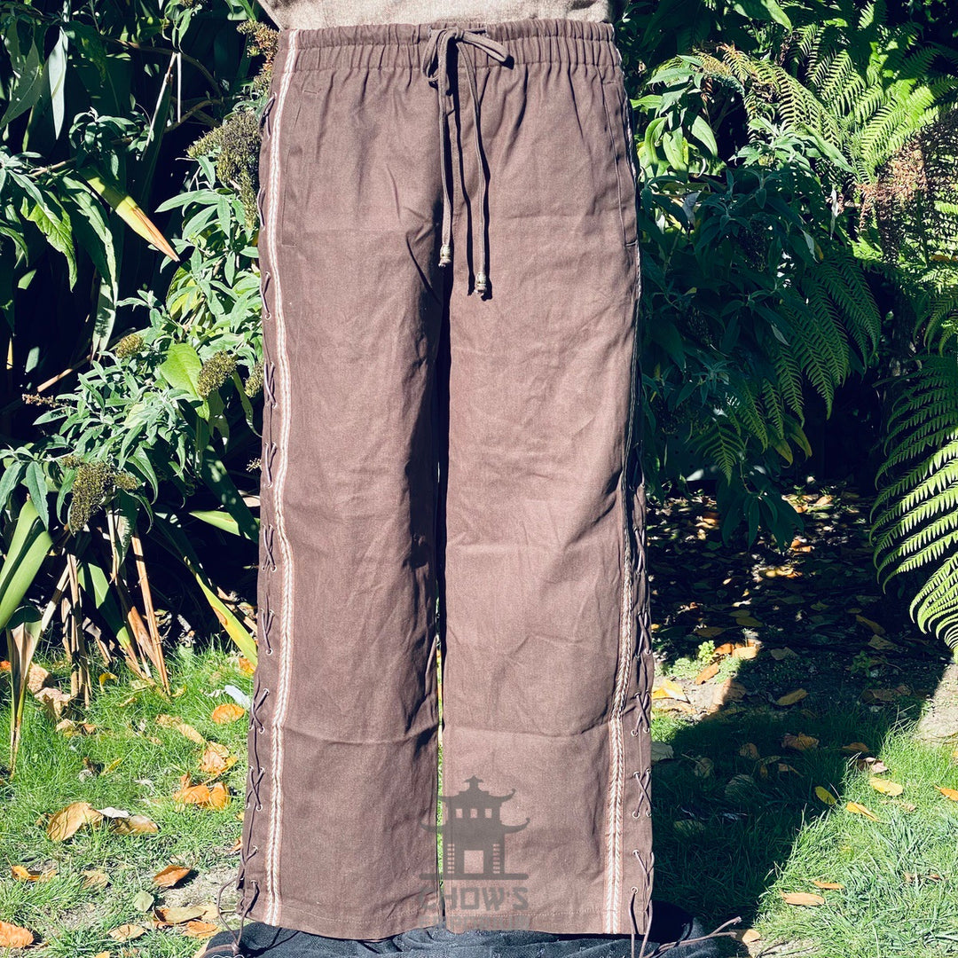 Brown Cotton Medieval Straight Leg Pants with Side Lace and Braiding