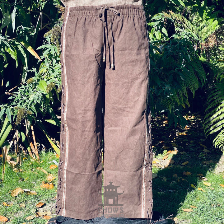Brown Cotton Medieval Straight Leg Pants with Side Lace and Braiding