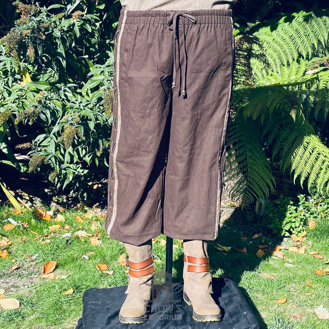 Brown Cotton Medieval Straight Leg Pants with Side Lace and Braiding
