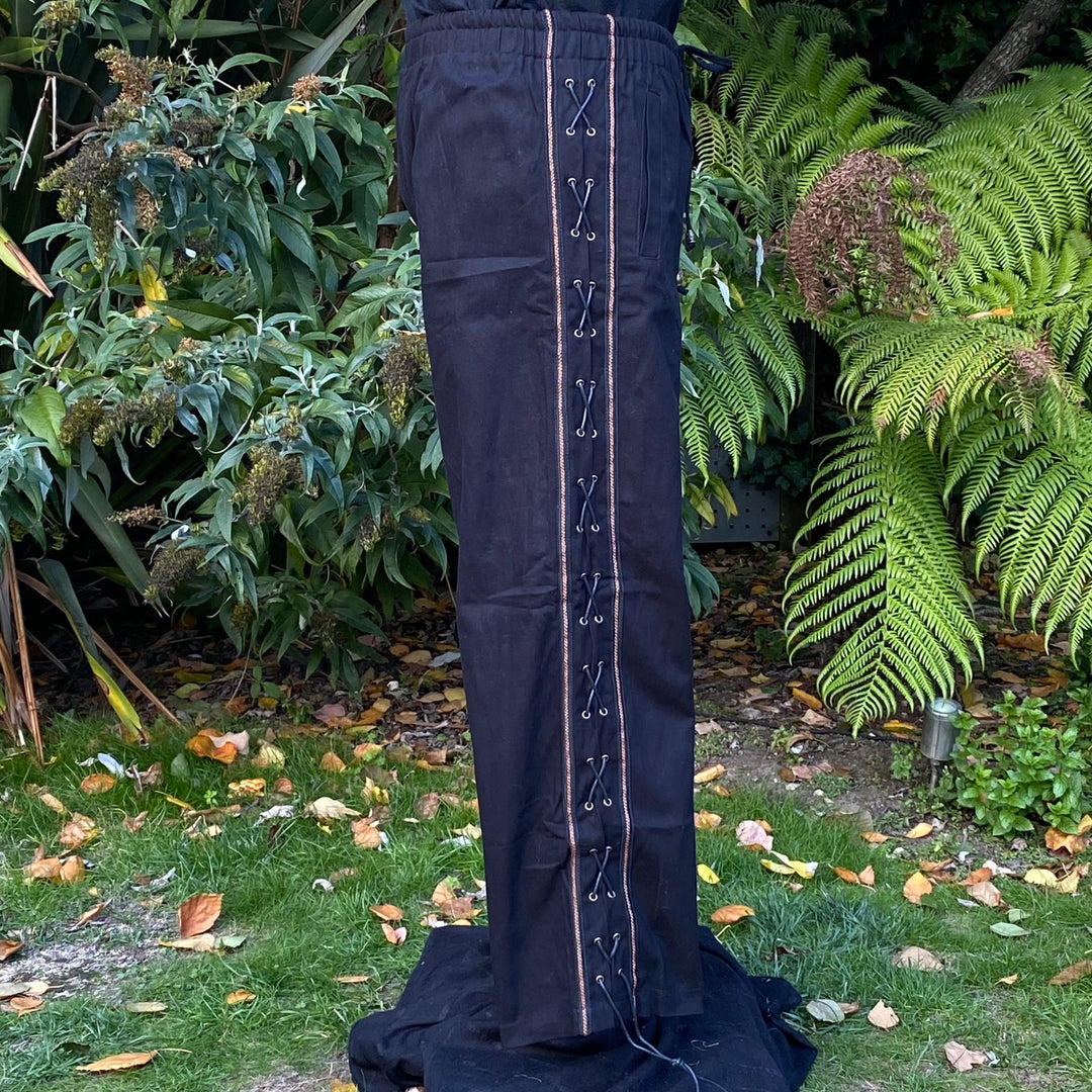 Medieval Straight Leg Pants - Black Cotton Trousers with Side Lace and Braiding - Chows Emporium Ltd