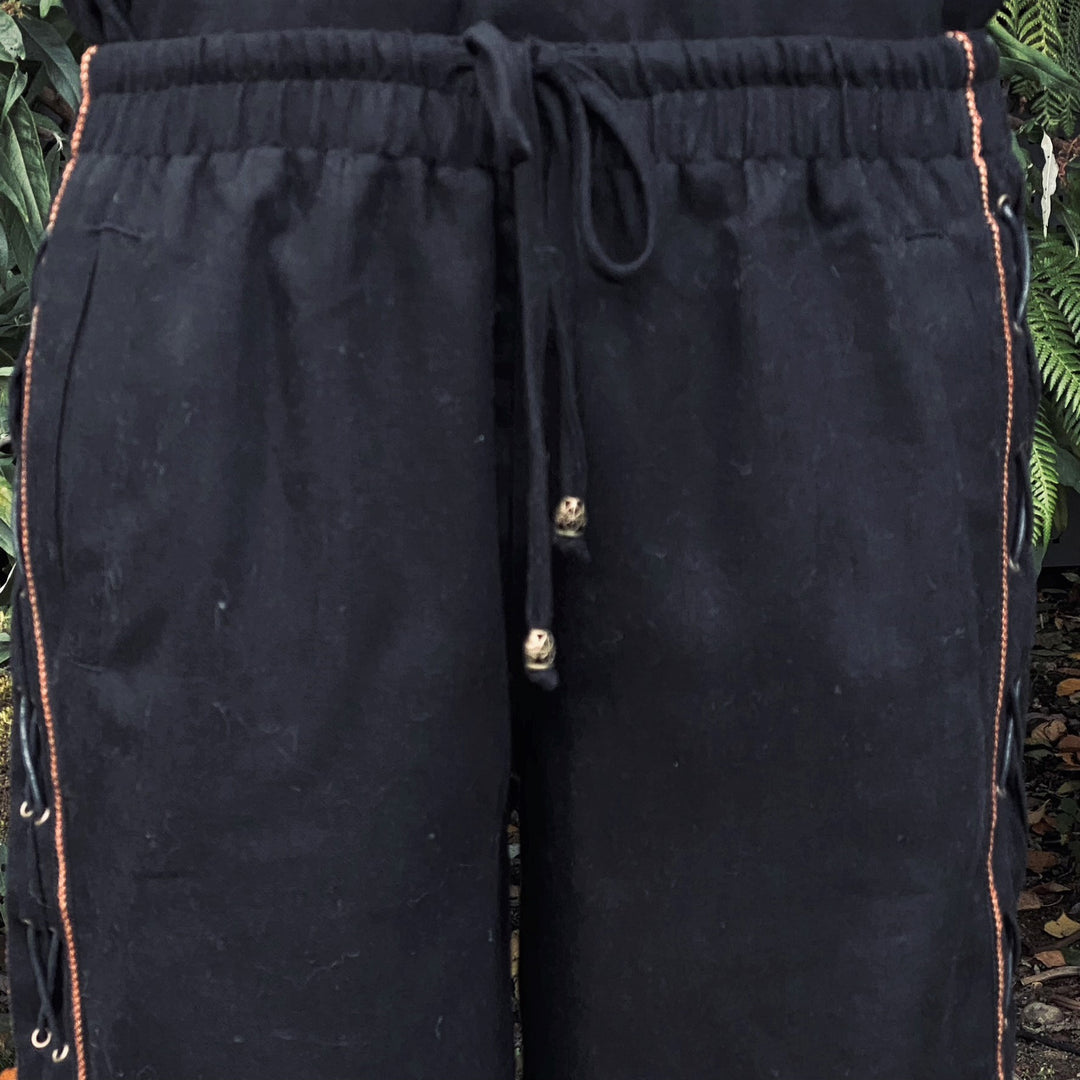 Medieval Straight Leg Pants - Black Wool Mix Trousers with Side Lace and Braiding - Chows Emporium Ltd